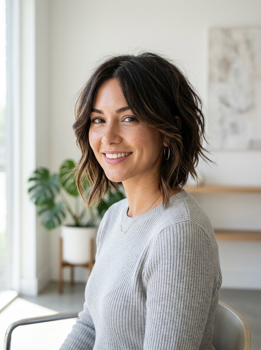 Portrait of a happy woman with shoulder-length wavy brown hair wearing a ribbed grey sweater indoors.