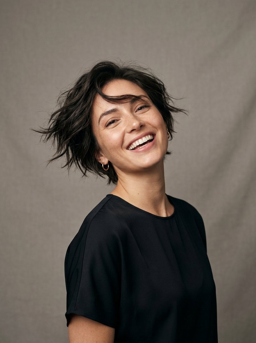 Portrait of a smiling young woman wearing a black top against a neutral gray backdrop.