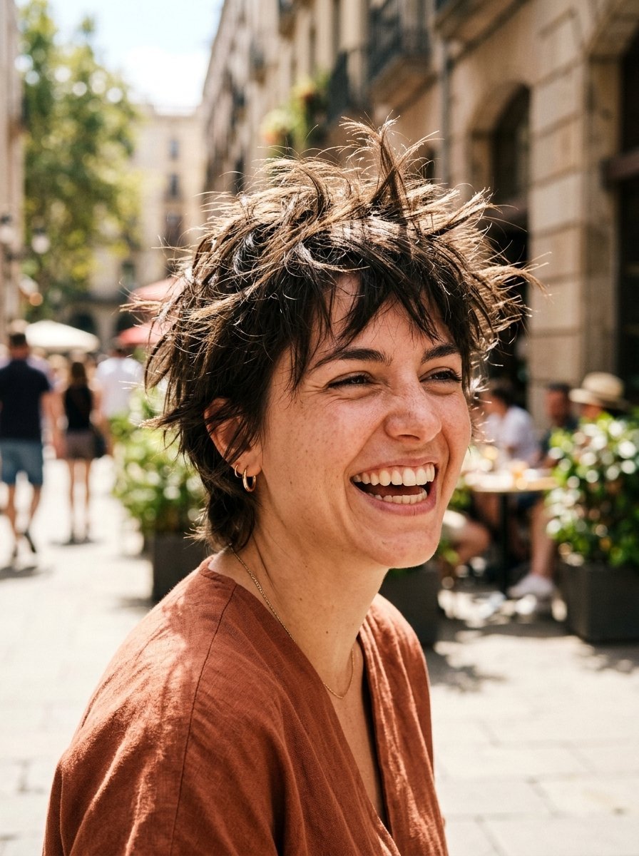 Portrait of a joyful woman with messy brown hair and a rust-colored top on a sunny city street.