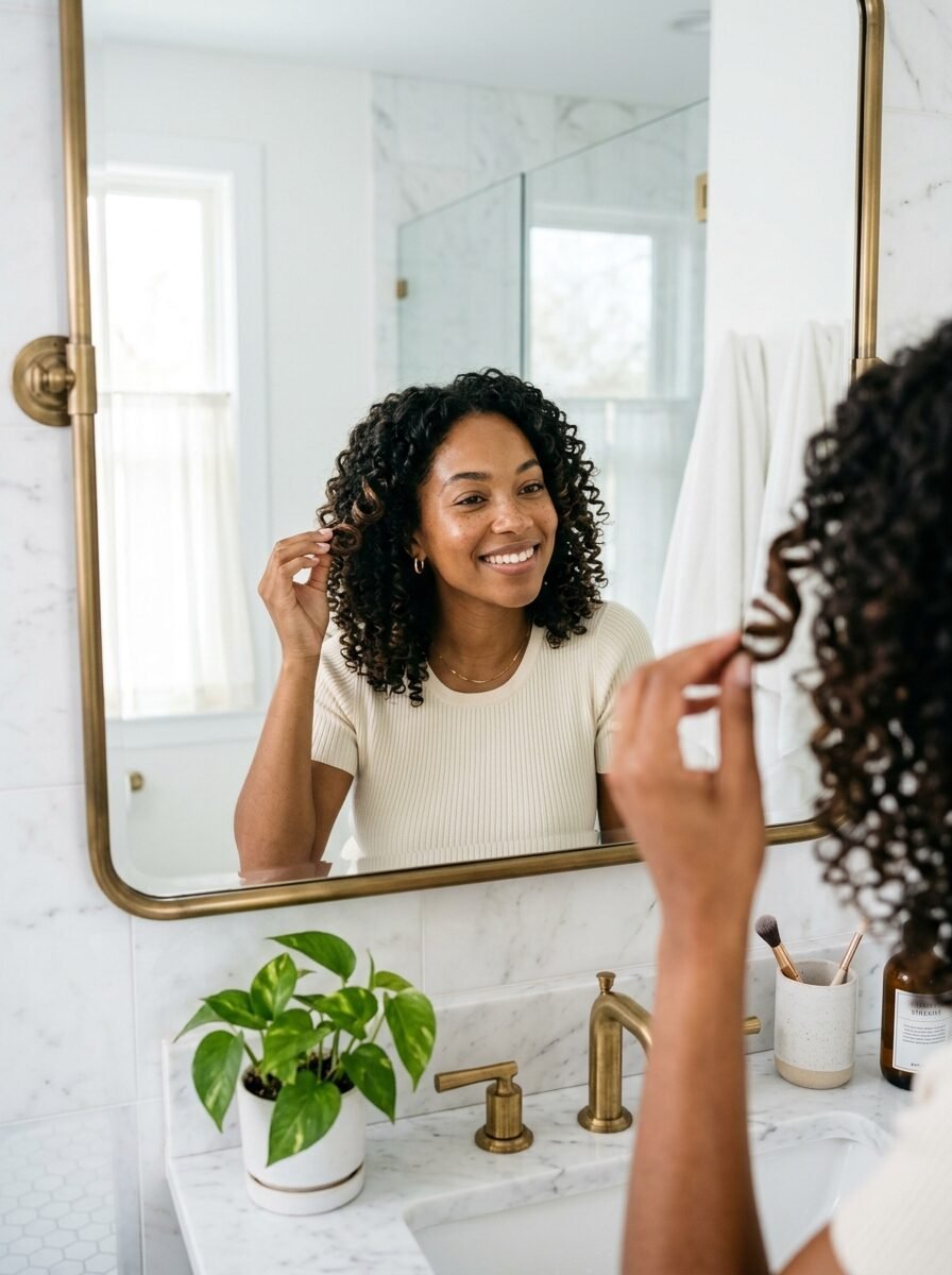 Close-up of a smiling woman with tight curls touching her hair while looking at her reflection in a marble bathroom.