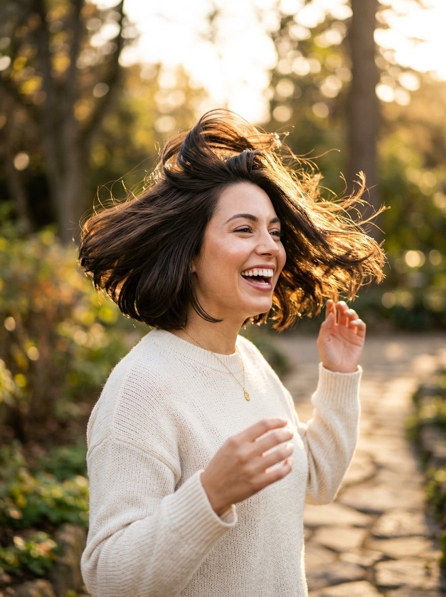 Portrait of a happy young woman wearing a cream sweater with her hair flying in the wind outdoors.