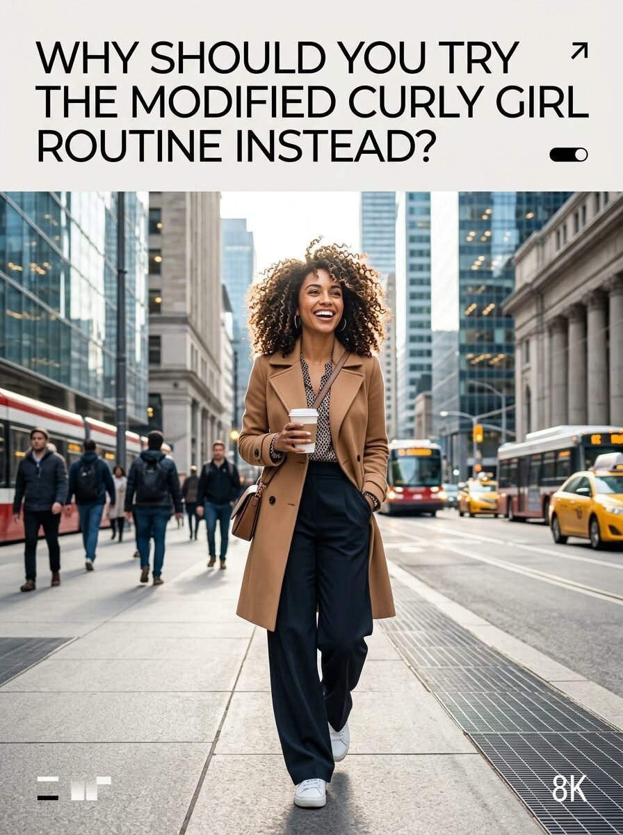 A happy woman with curly hair wears a brown coat and walks down a busy urban sidewalk holding a coffee cup.
