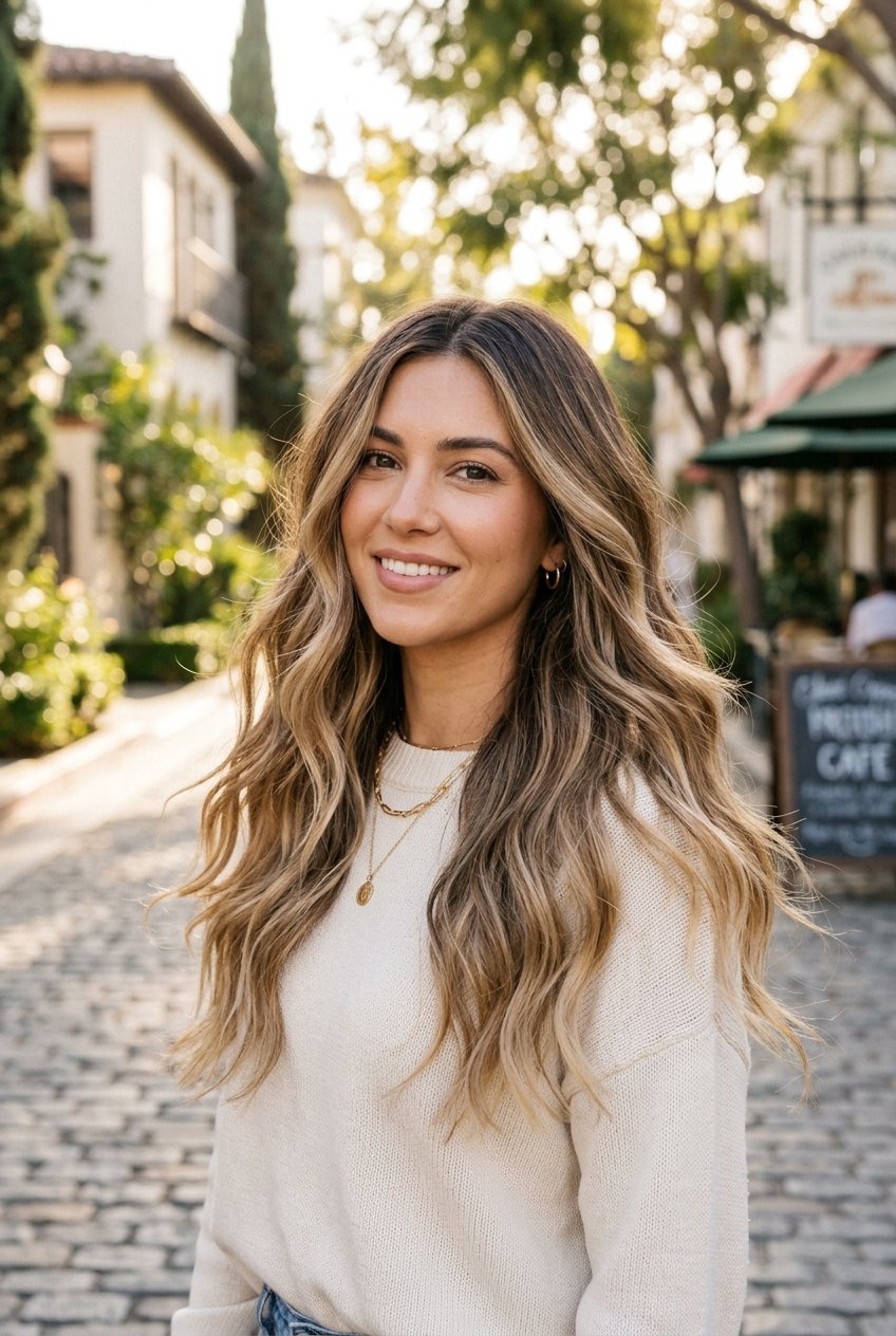 Portrait of a smiling woman with wavy, honey-blonde hair wearing a cream sweater on a sunlit European-style street.