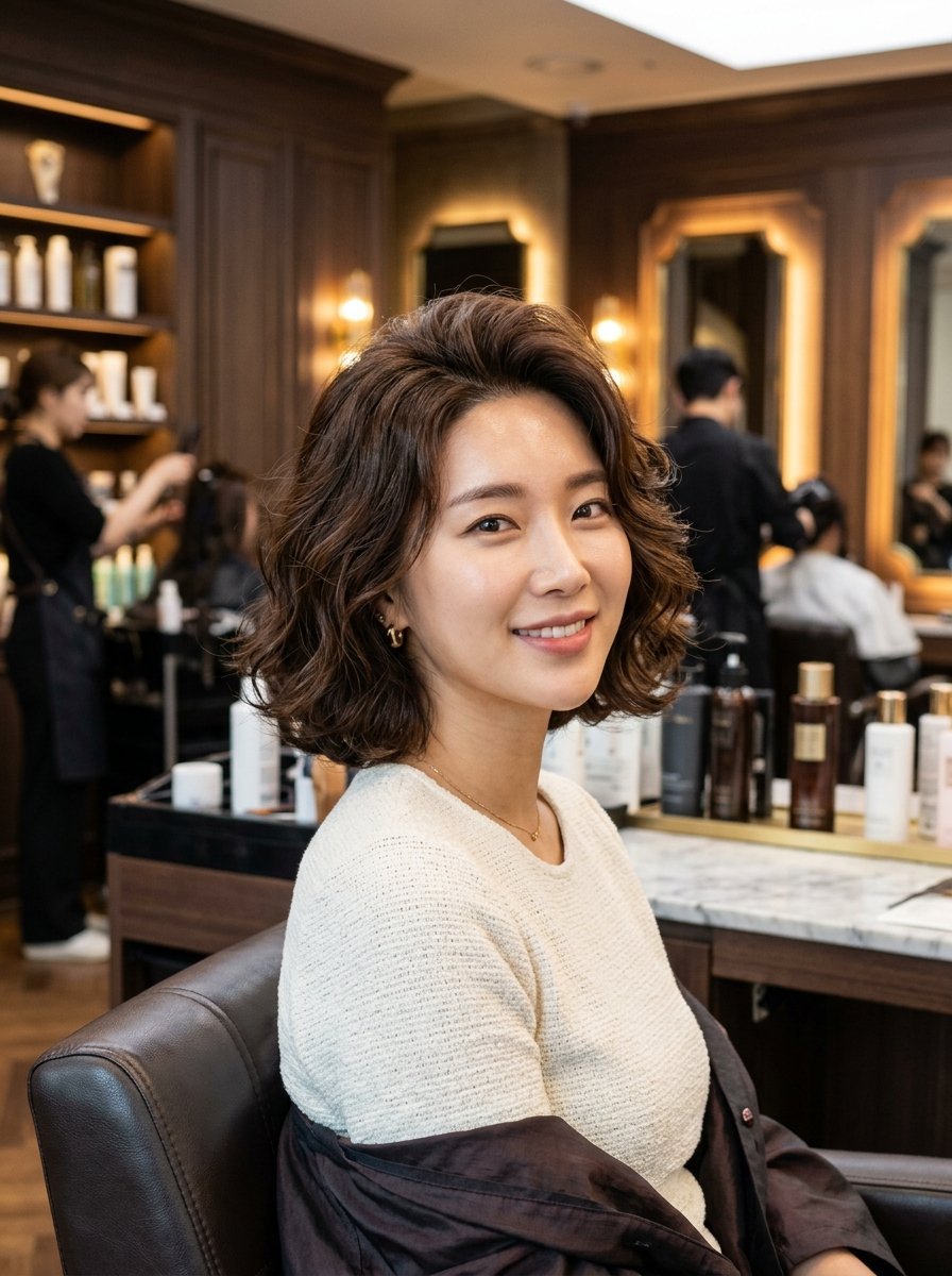 A smiling young Asian woman with shoulder-length wavy brown hair sits in a hair salon chair.