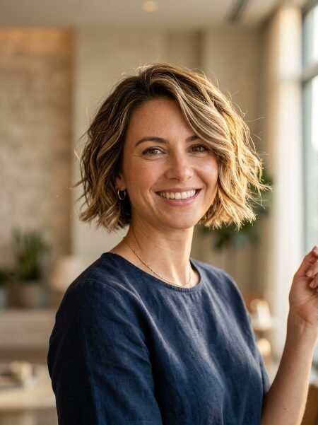 Portrait of a smiling professional woman with textured bob haircut wearing a dark linen top.