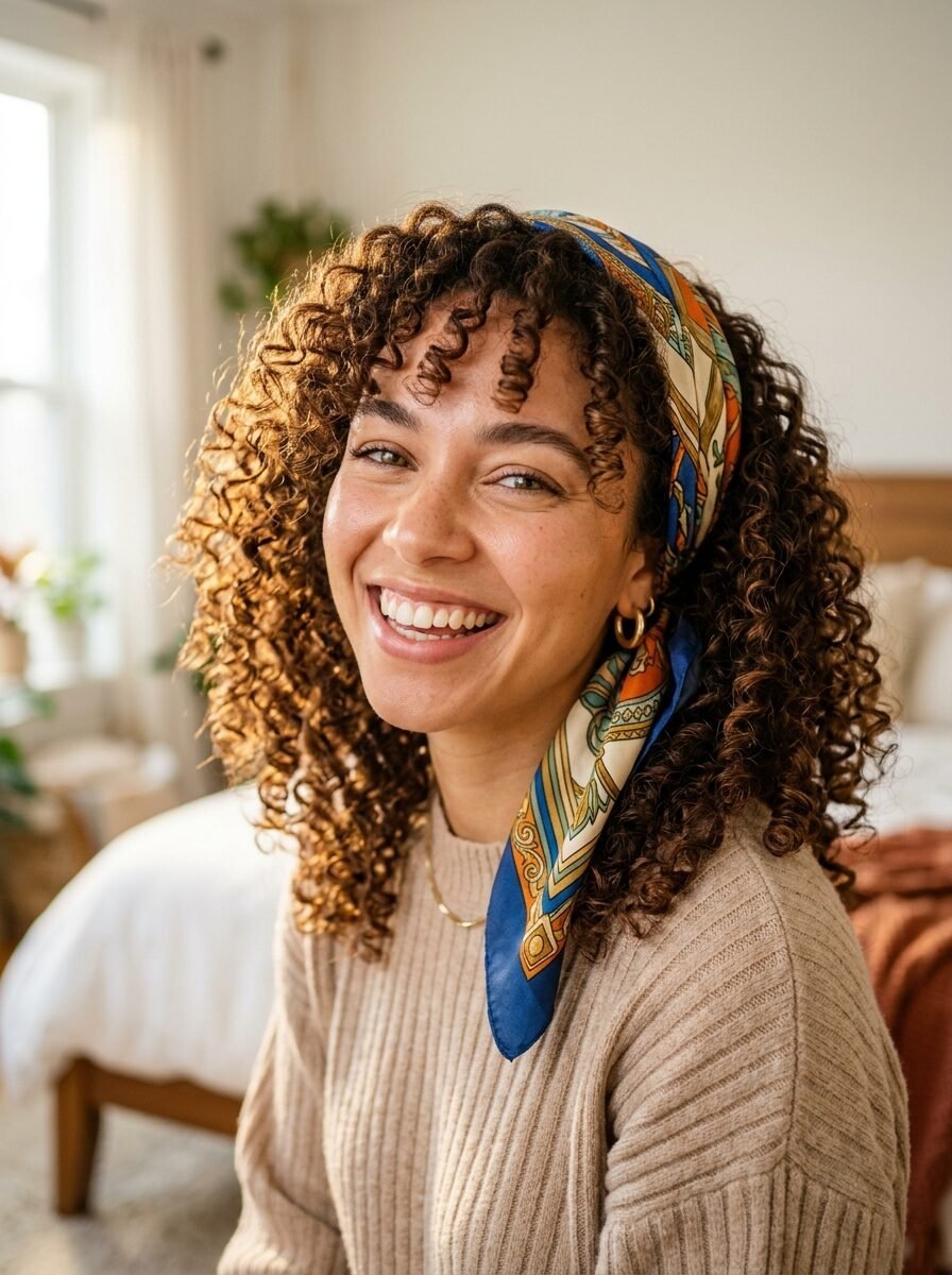 Close-up portrait of a laughing woman with natural curly hair tied back with a colorful blue and orange head scarf.