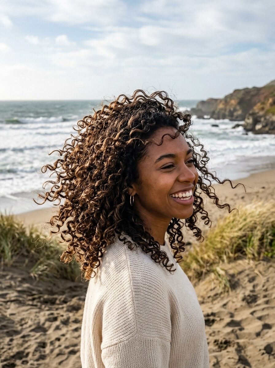 Close-up portrait of a laughing young woman with long curly hair at the shore on a sunny day.