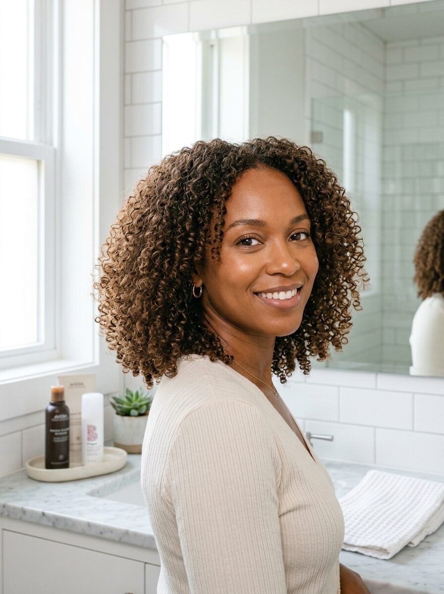 Portrait of a woman with curly brown hair smiling at the camera in a modern bathroom with marble countertops.