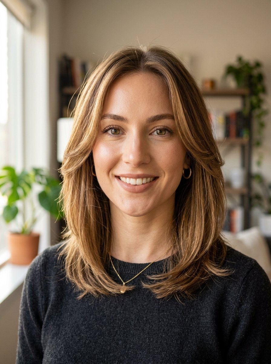 Portrait of a woman with shoulder-length highlighted hair and a grey sweater standing in a sunny room.