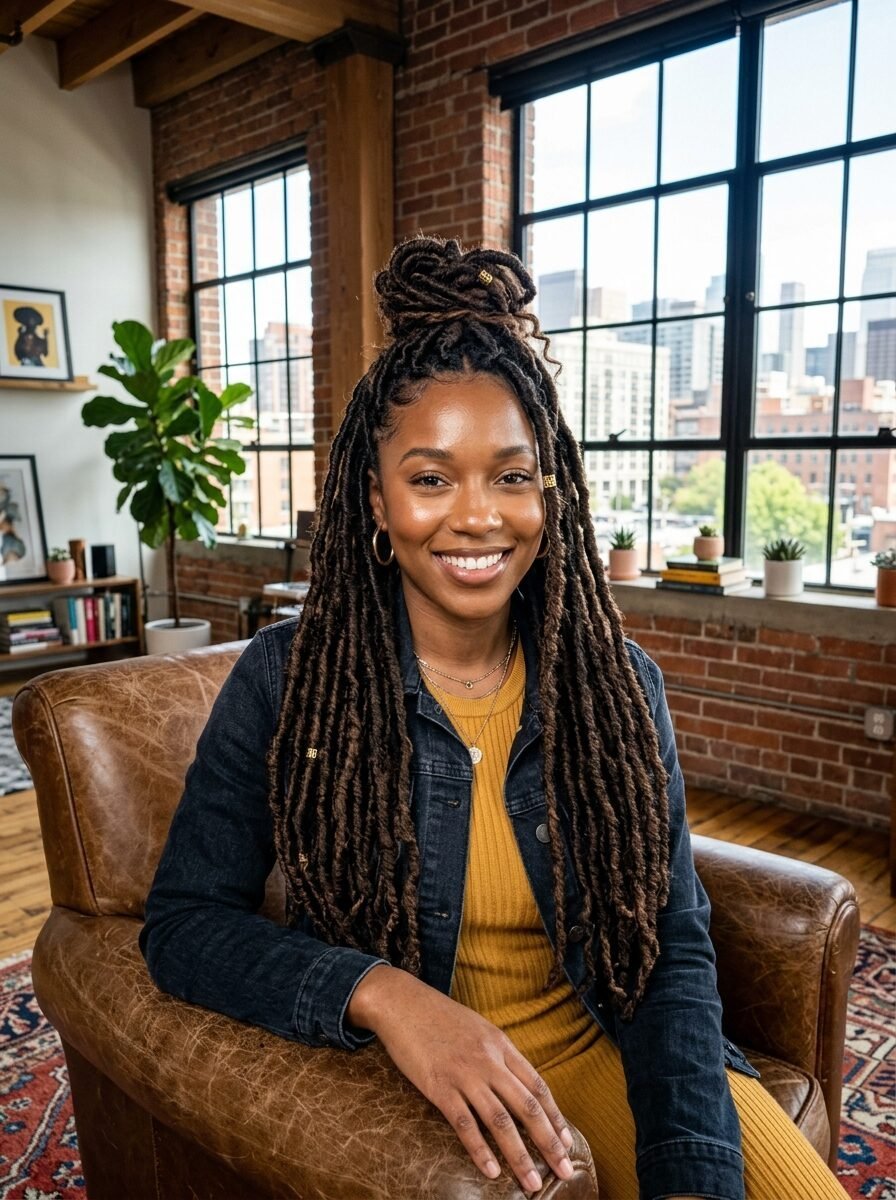 Portrait of a Black woman with a half-up hairstyle sitting in a brown leather chair near a city window.