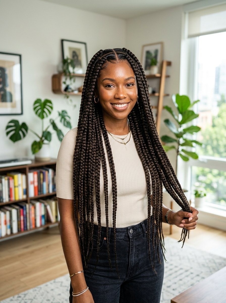 Portrait of a woman with long braided hair wearing a beige ribbed shirt in a bright apartment.