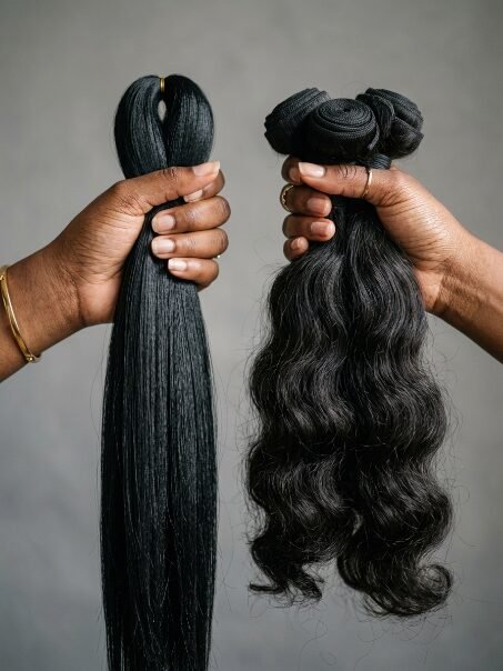 Close-up of dark hands displaying one bundle of straight hair and one bundle of wavy hair against a grey background.