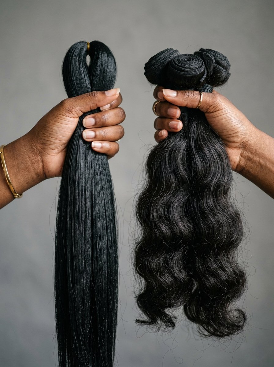 Two hands holding long straight black hair fibers and wavy hair weft bundles against a grey background.