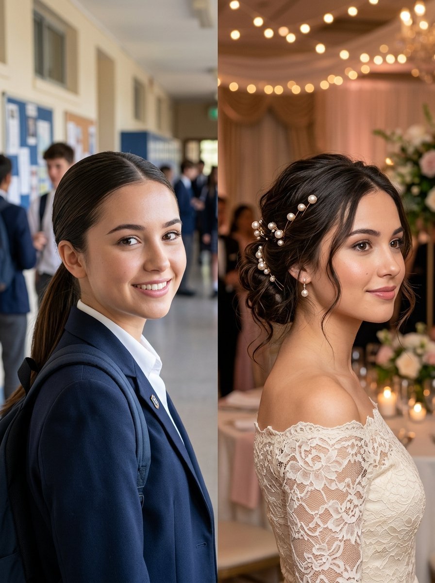 Split image showing a young woman in a school blazer and the same woman in a formal lace wedding gown.