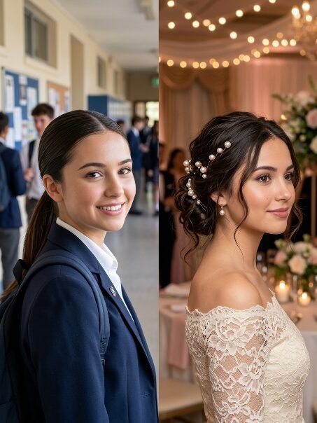 Split view of a girl in a school uniform versus an adult woman in a lace wedding dress with pearl hair accessories.