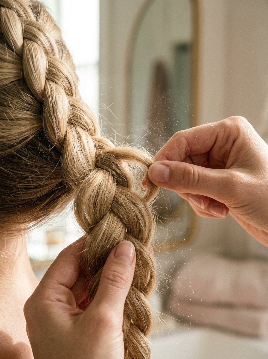 Close-up of hands sprinkling hair powder onto a blonde braid while styling.