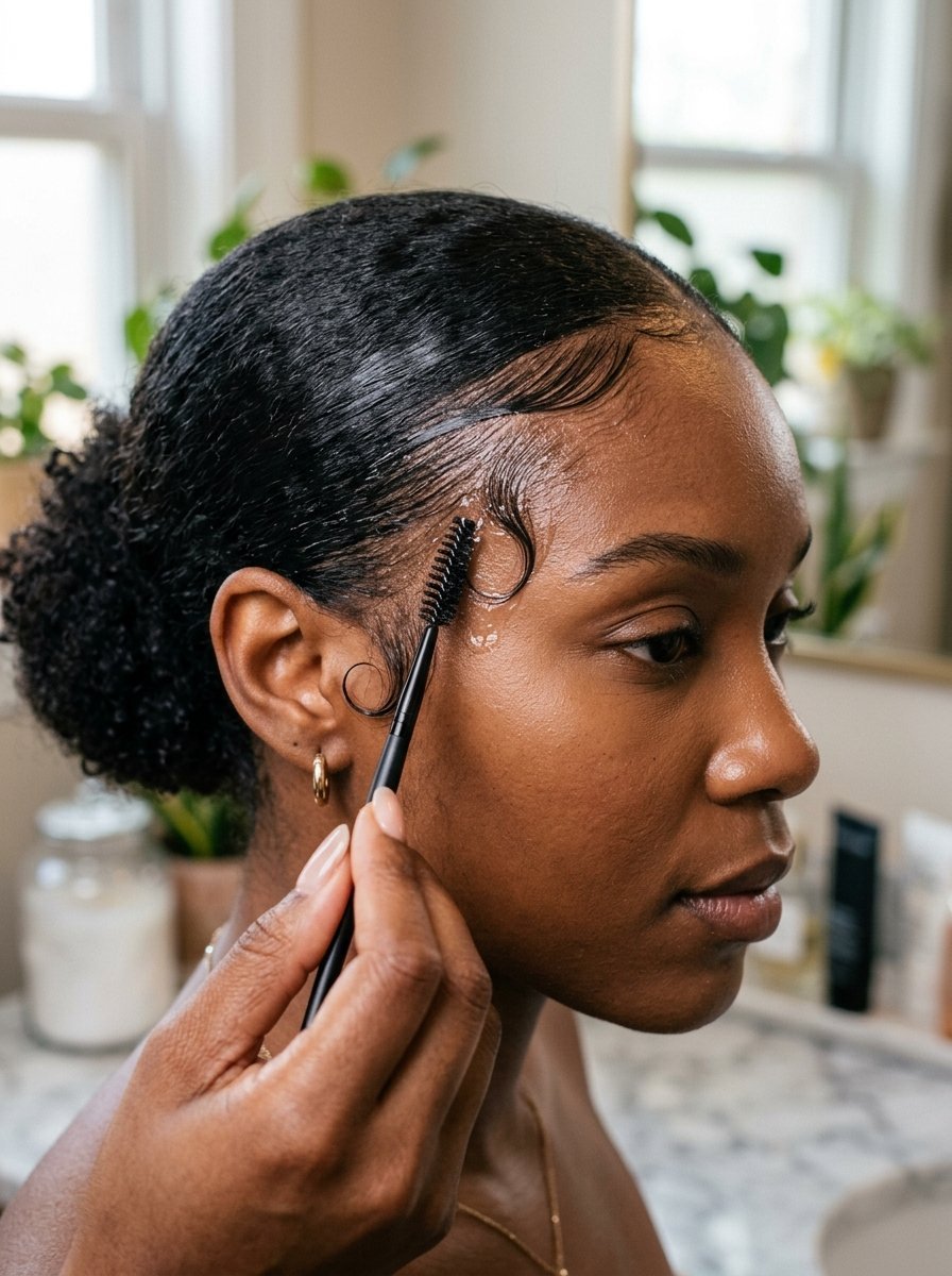 Close-up of a person using a black brush to smooth down curly edges along their temple.