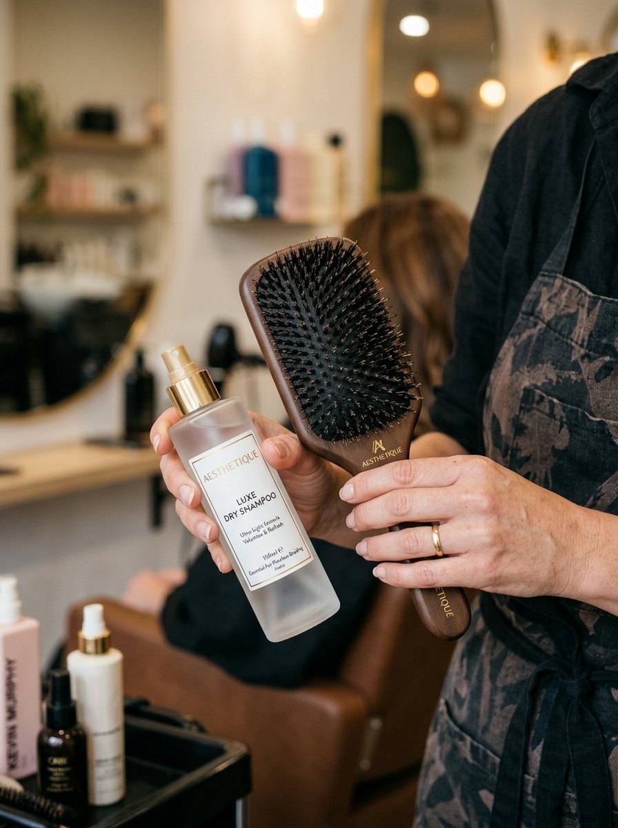 Close-up of a stylist hands holding a bottle of luxury dry shampoo and a branded wooden hairbrush in a salon.
