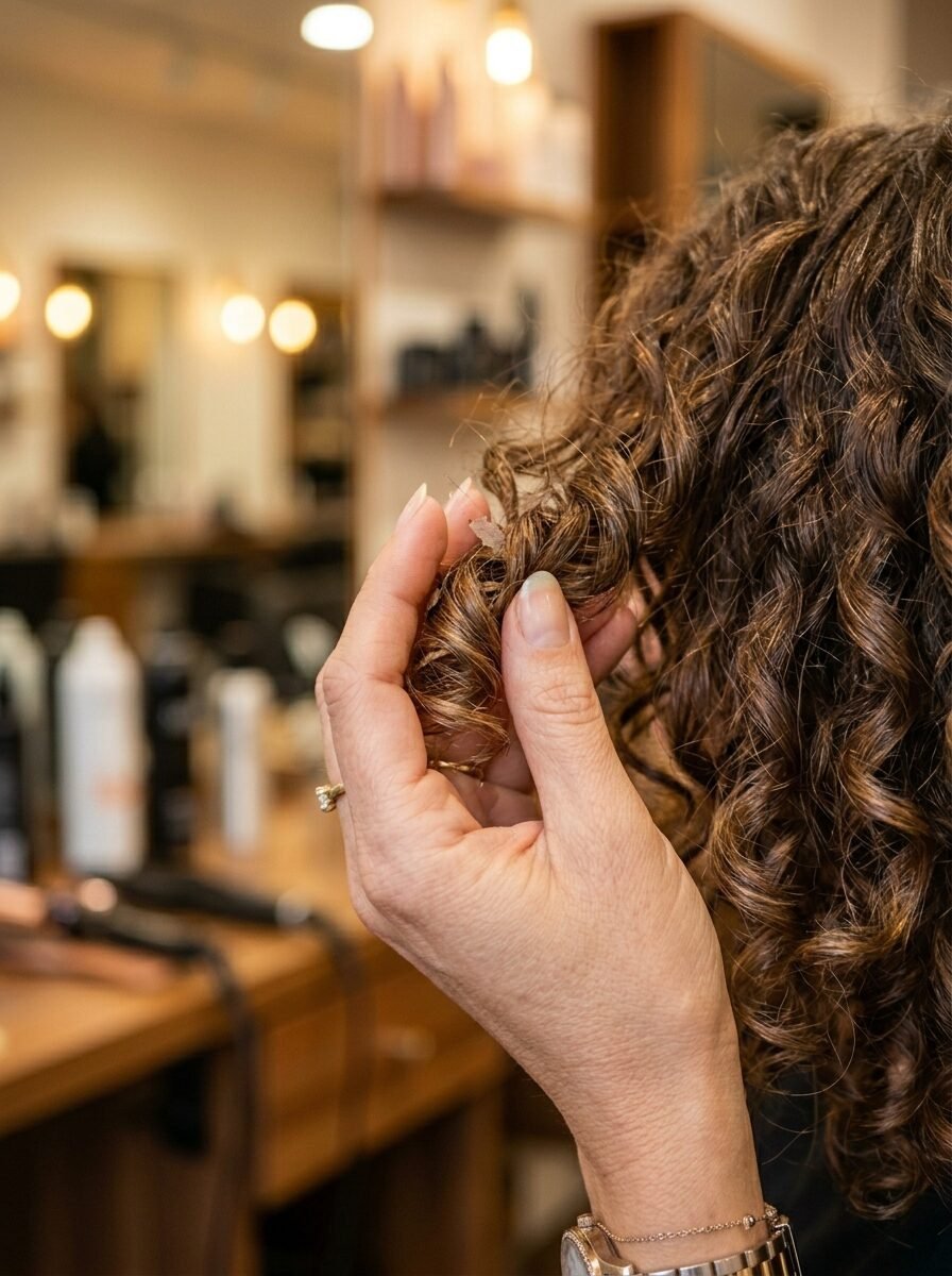 Close-up of a hand holding a ringlet of dark curly hair inside a blurred hair salon.