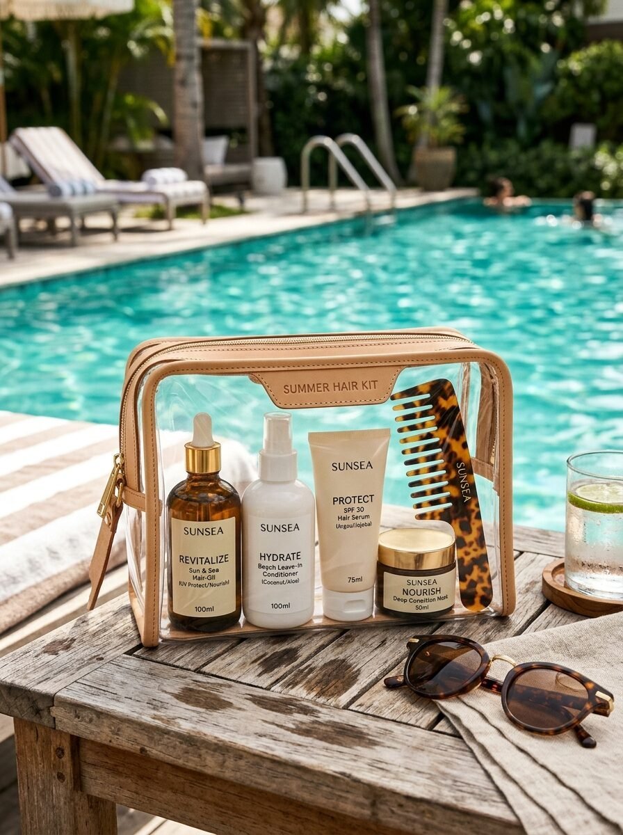 A clear cosmetic bag with Sunsea hair products and a tortoiseshell comb sitting on a wooden pool deck.