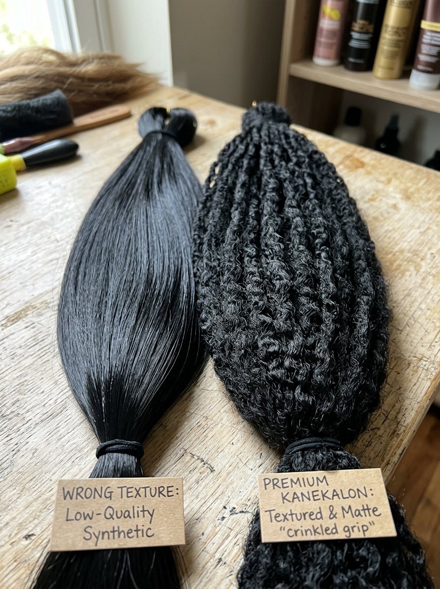 Side-by-side comparison of straight synthetic hair and textured, matte black kanekalon hair extensions.