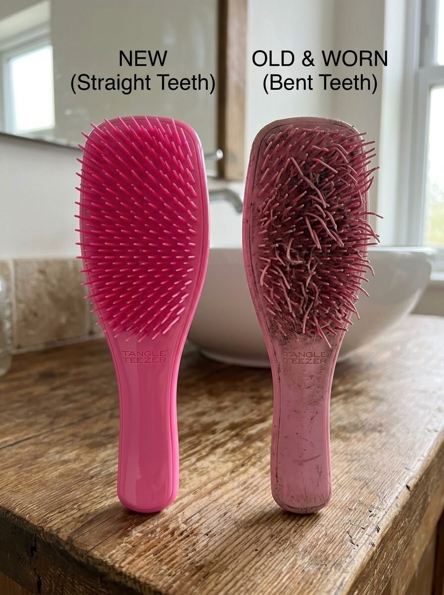 Comparison of a new pink hairbrush with straight bristles next to an old, dirty brush with damaged, bent plastic teeth.
