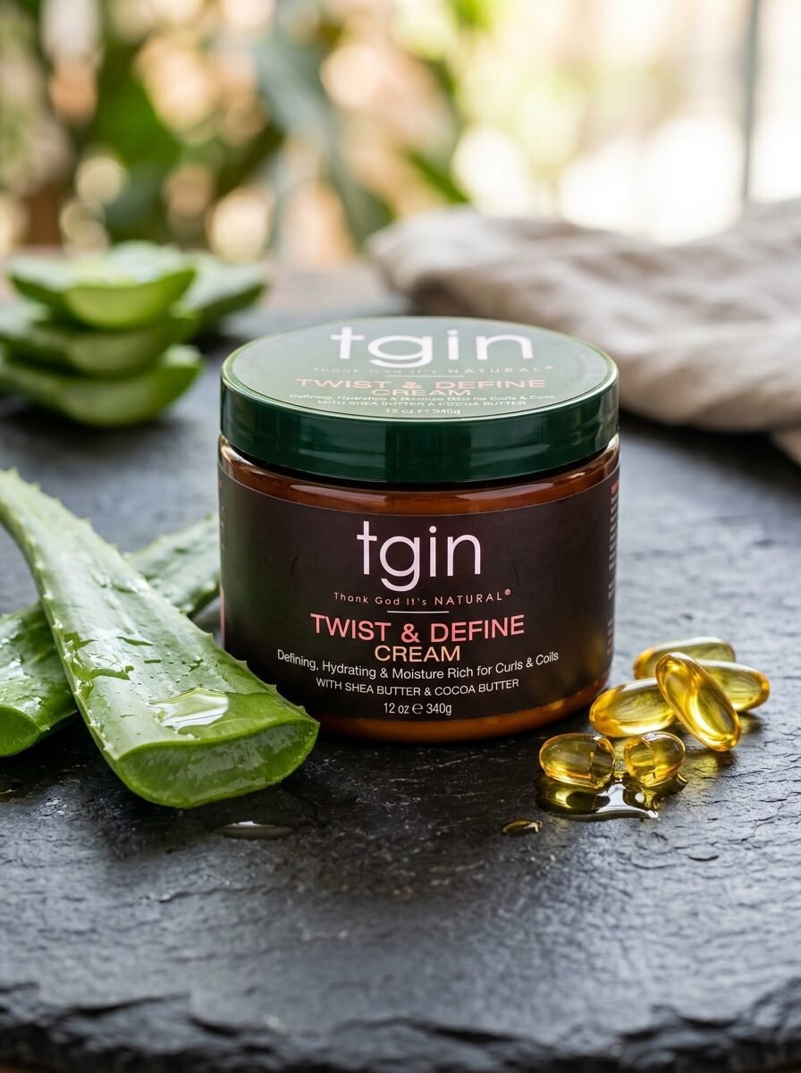 A jar of hair cream surrounded by cut aloe vera stalks and several yellow oil-filled vitamin capsules.