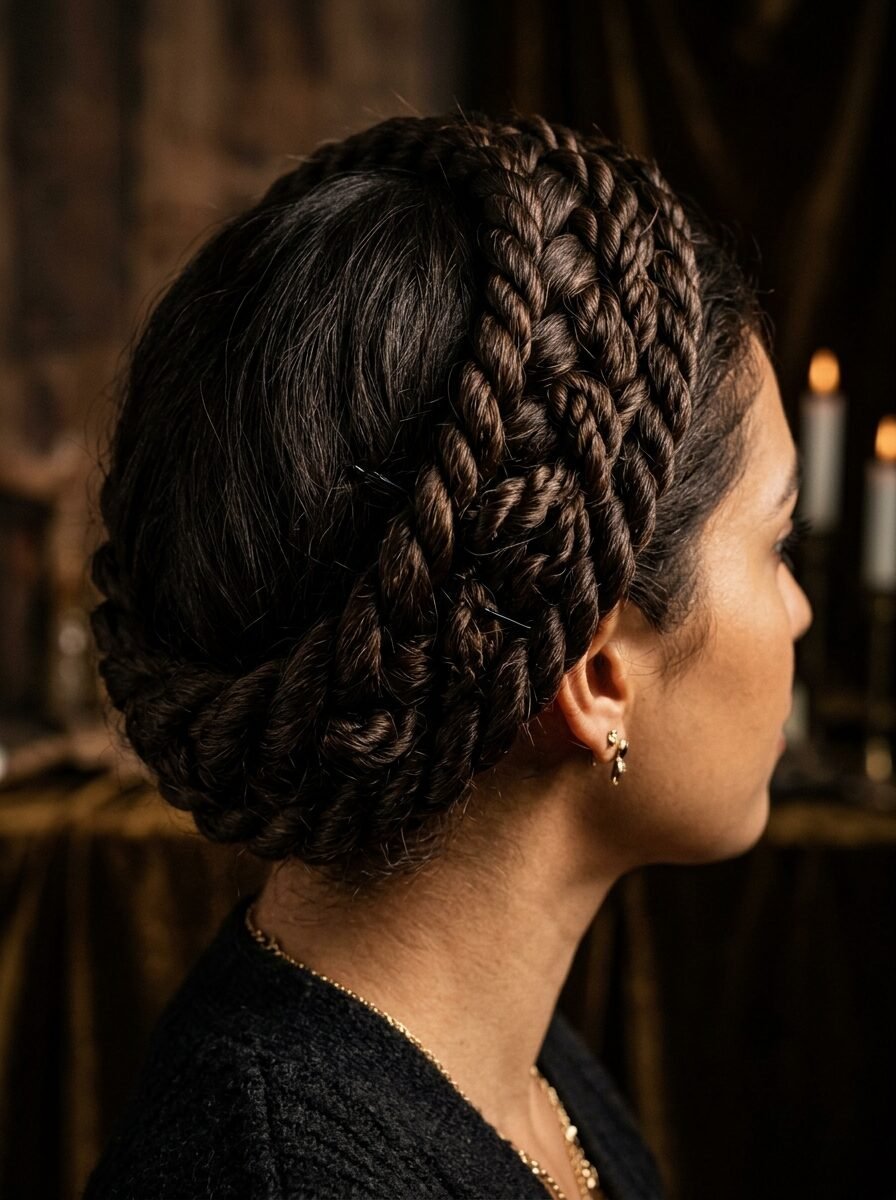 Side view of a woman with dark brown hair styled in a sophisticated thick rope braid across her head.