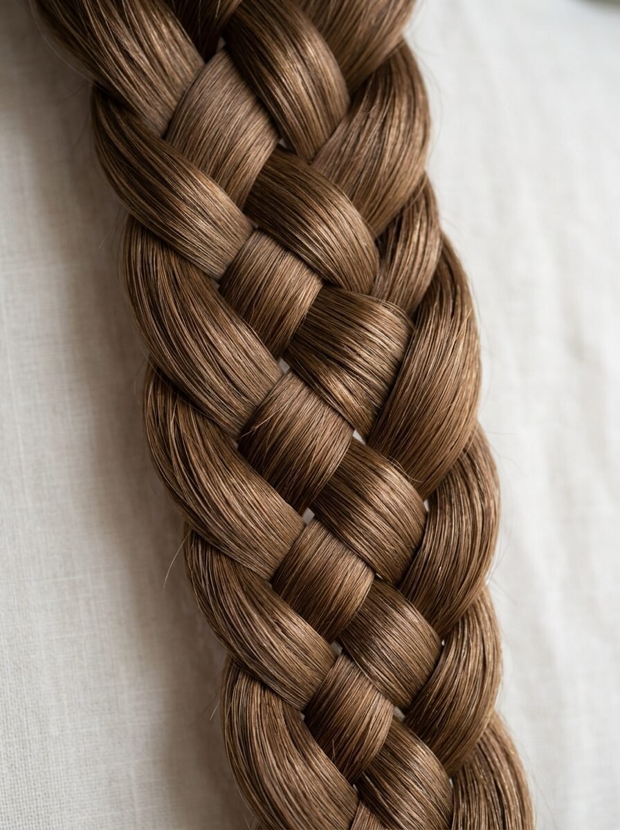 Detailed view of a thick, shiny brown plait against a white linen background.
