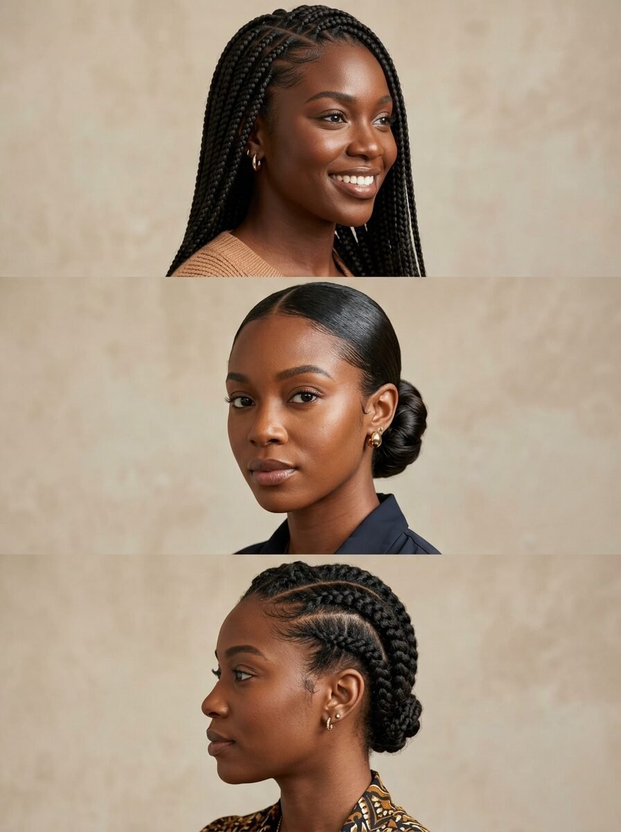 Close-up portrait featuring a woman with box braids, a slicked bun, and cornrows in a composite image.
