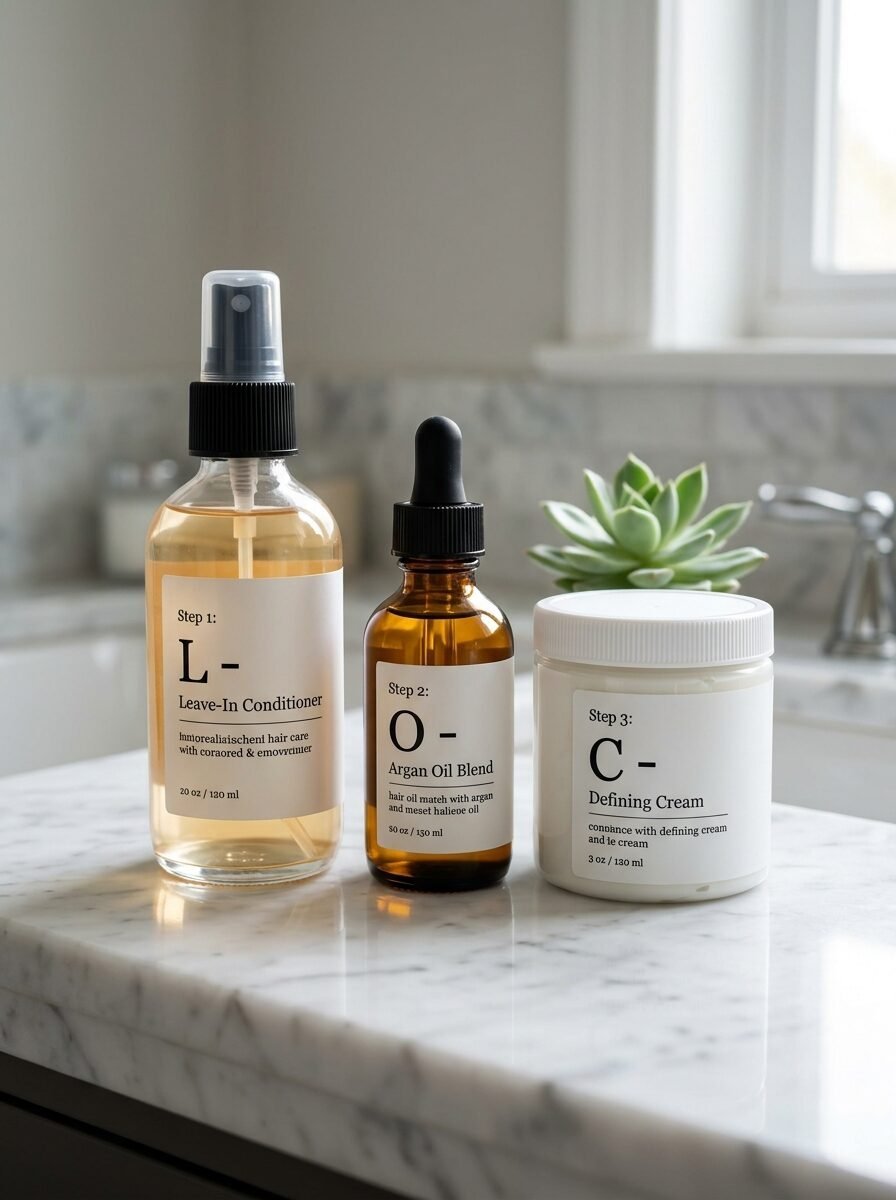 Leave-in conditioner, argan oil, and defining cream bottles standing on a white marble bathroom vanity.
