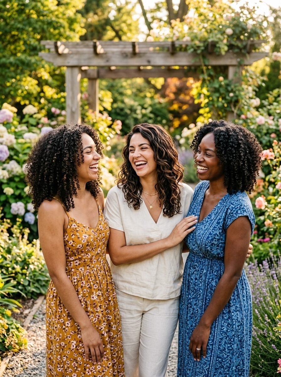 Three smiling women with curly hair standing together in a lush flower garden during golden hour.