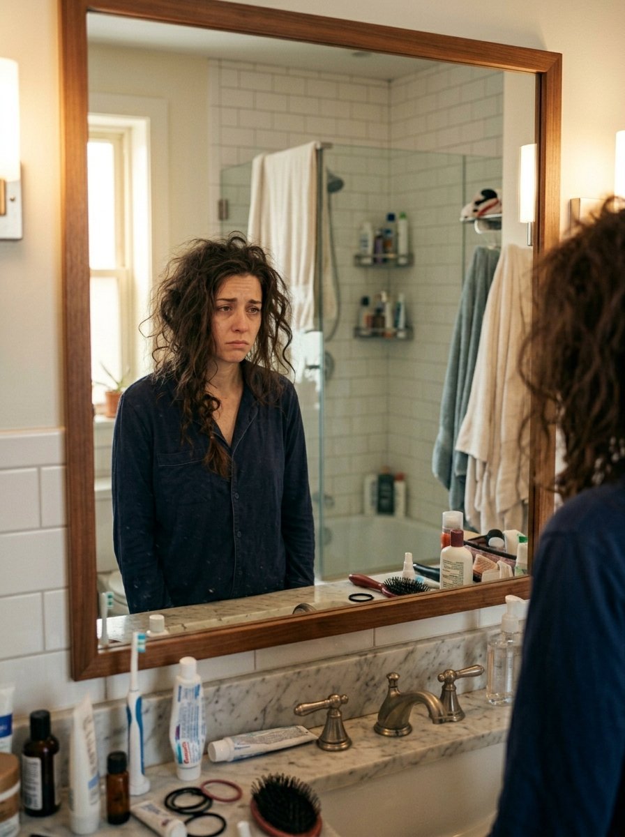 A woman in dark pajamas with messy hair looks sad while looking into the reflection of a bright bathroom mirror.