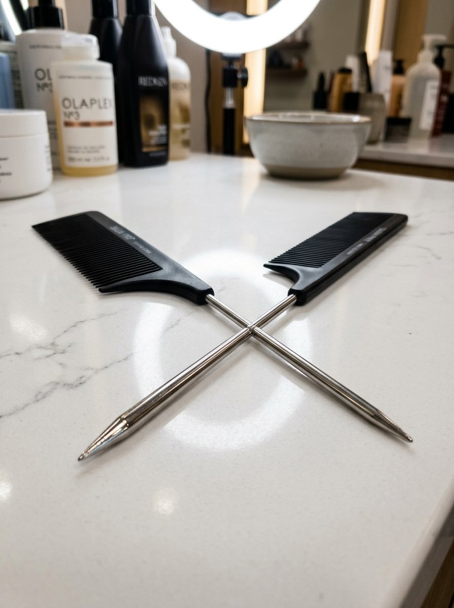 A pair of black barber combs with silver metal tails resting in an x-shape on a white marble salon station.