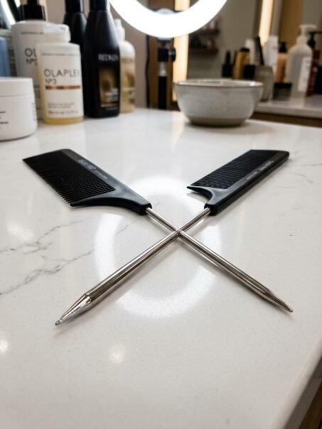 Two black professional styling combs with metal tails resting in an X shape on a marble salon workstation.