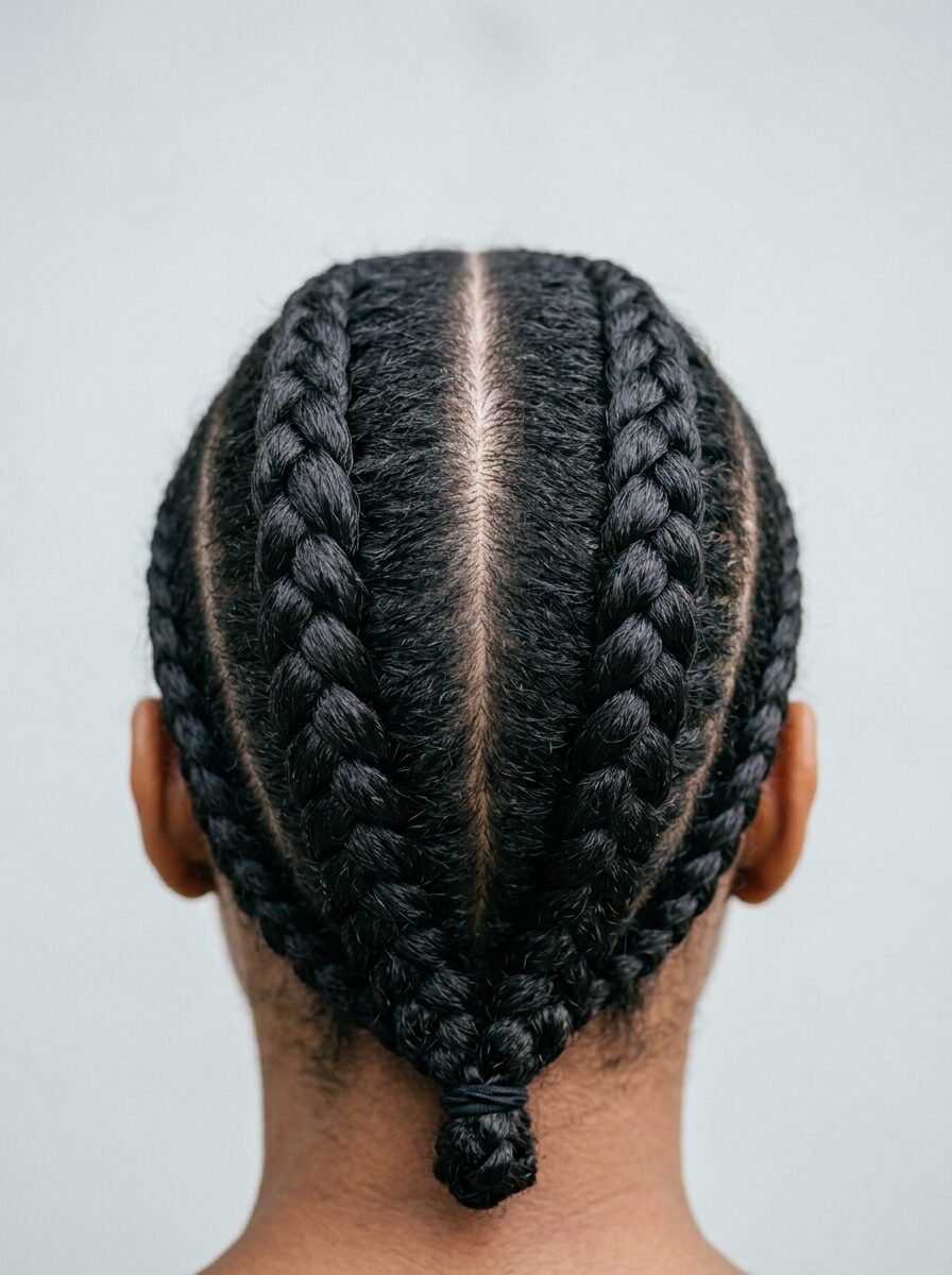 Person with black hair styled into two thick, parallel cornrows that meet at the nape of the neck.