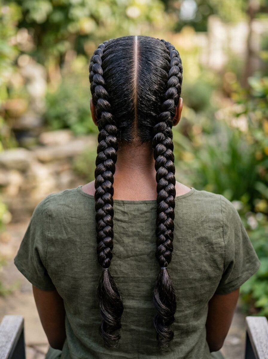Back view of a person with long, sleek dark hair styled in two even Dutch braids with curly ends.