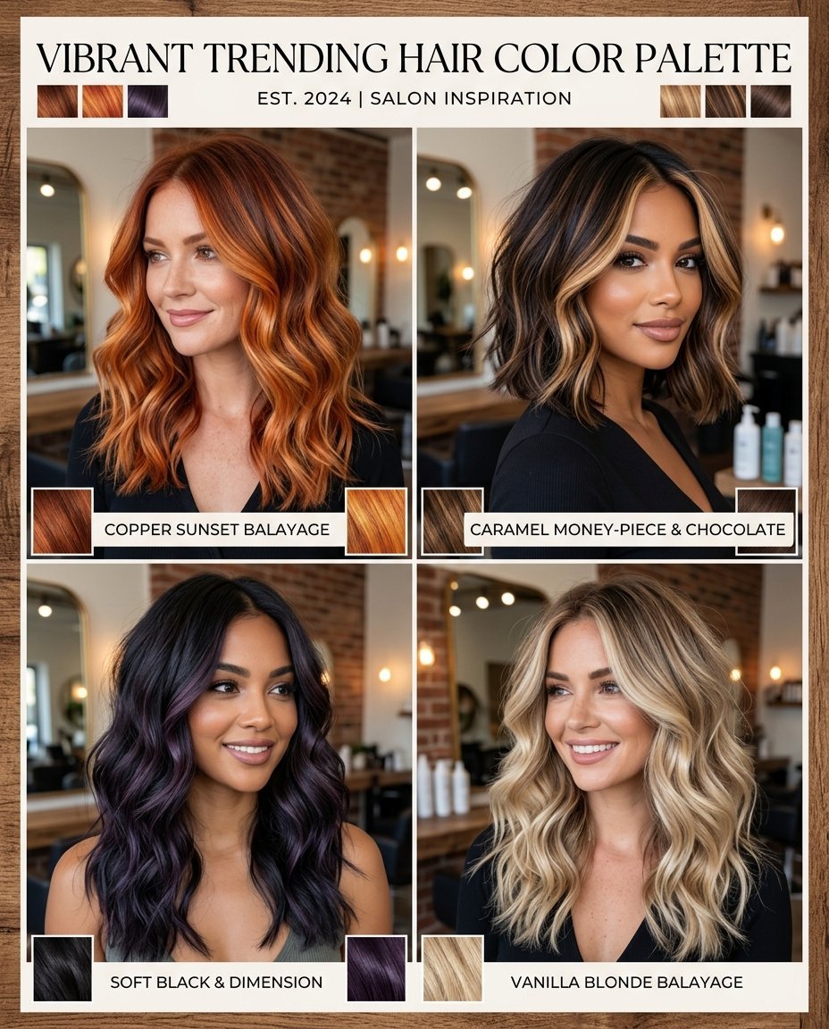 Collage of four women showcasing various trendy balayage and dimensional hair colors in a salon setting.