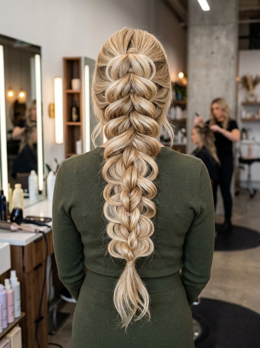 Back view of a woman with long highlighted hair styled into a complex, voluminous pull-through braid.