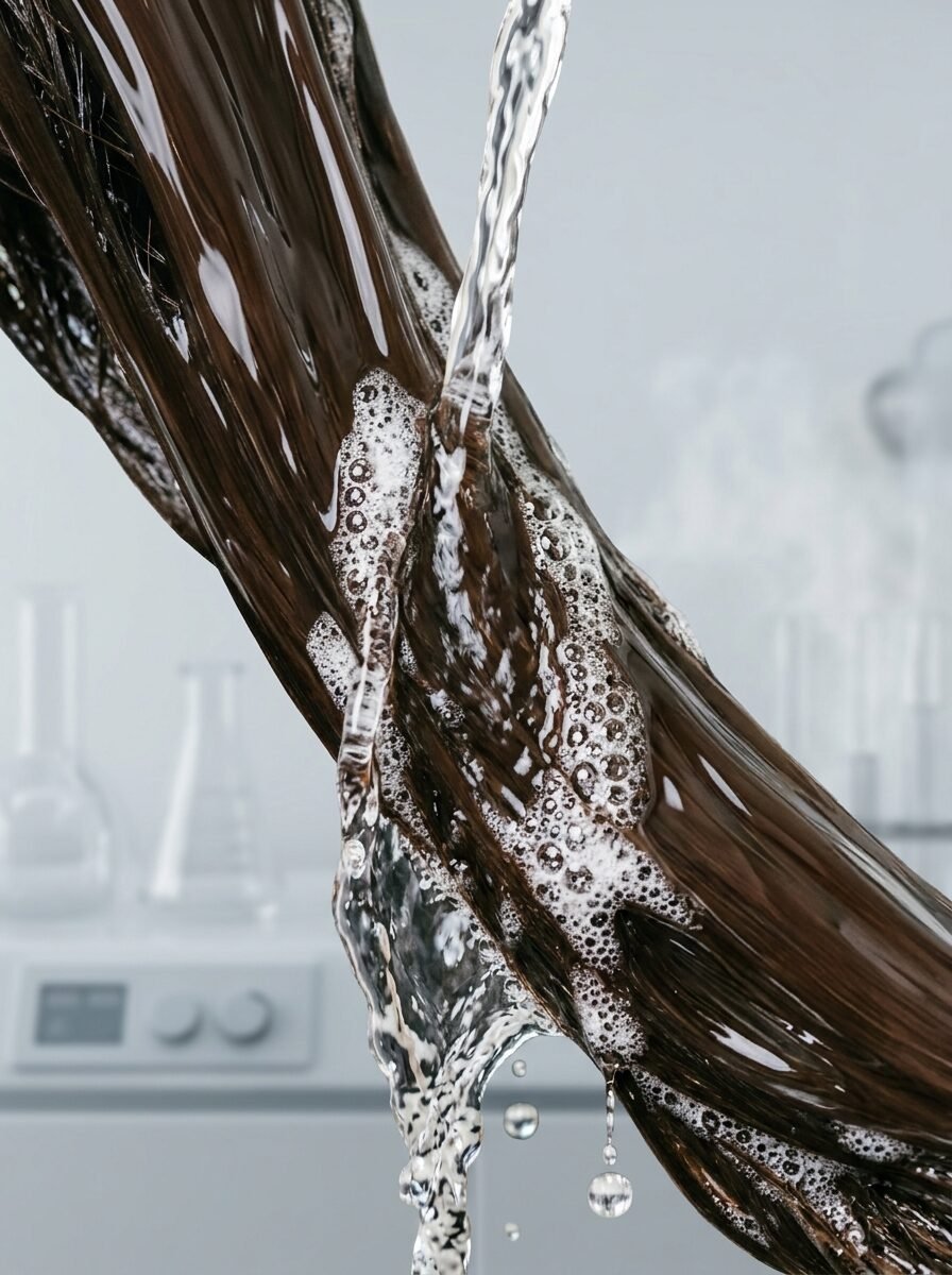 Stream of water rinsing suds and bubbles from a thick strand of brunette hair in a laboratory setting.