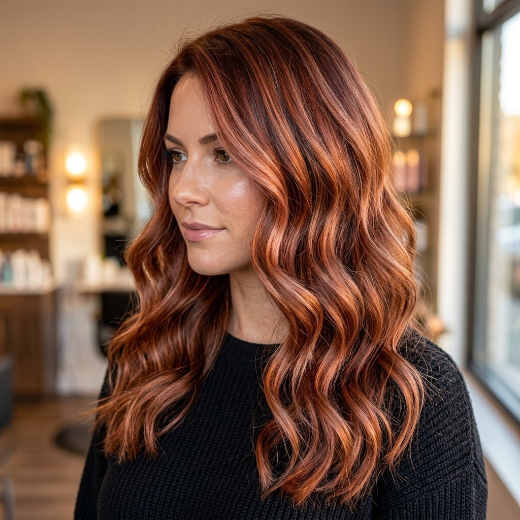 Profile view of a woman with long, shiny, copper-toned wavy hair wearing a black sweater.
