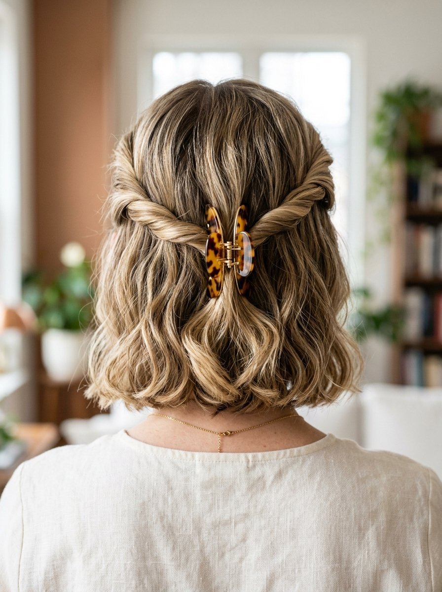 Back view of a woman with blonde wavy shoulder-length hair pulled back into a half-up style with a leopard print clip.