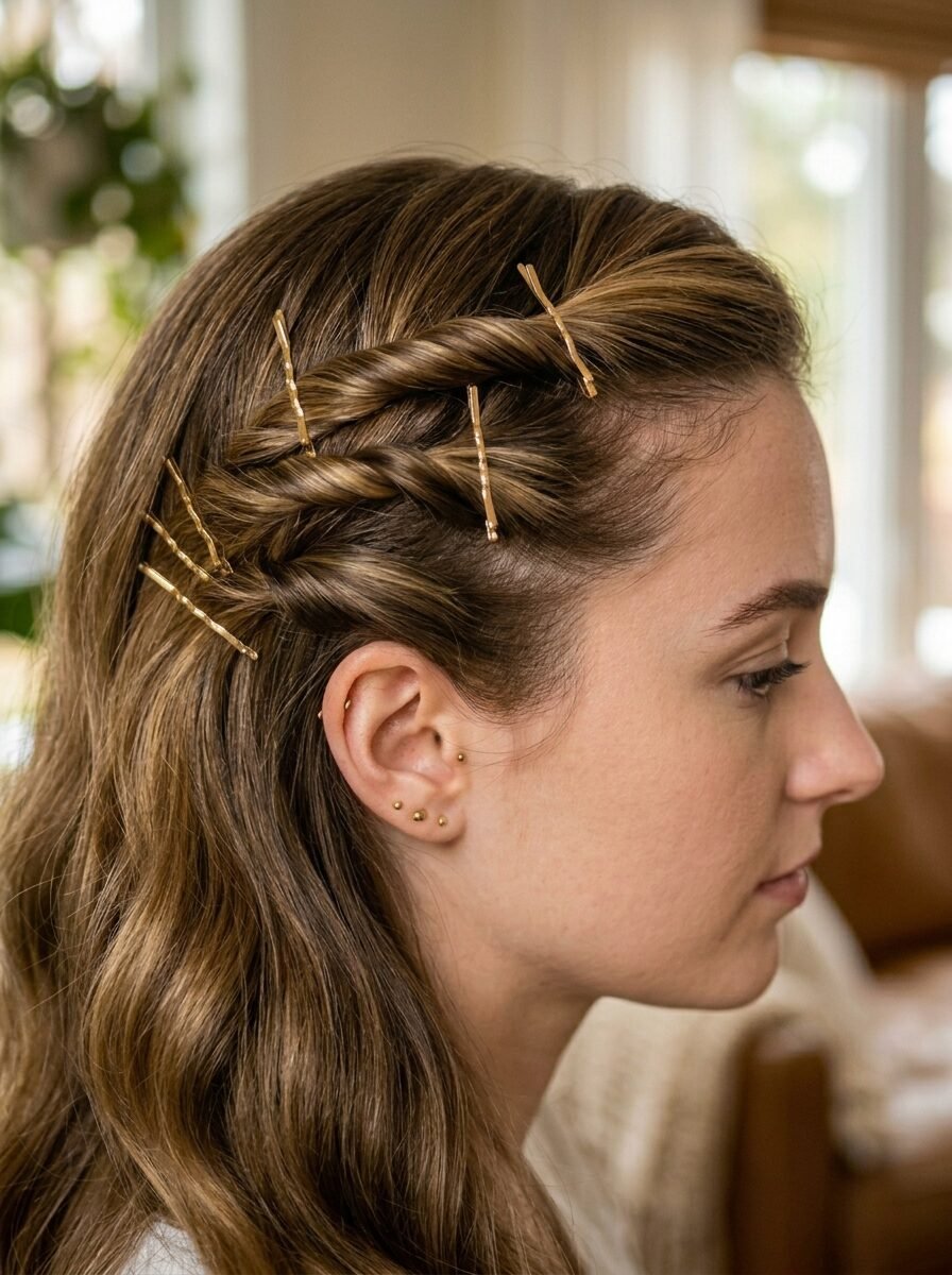 Woman with brown wavy hair featuring a side twist held in place by metallic bobby pins.