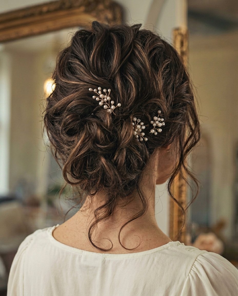 Back view of a woman with dark wavy hair styled in a romantic updo decorated with small white beaded accessories.