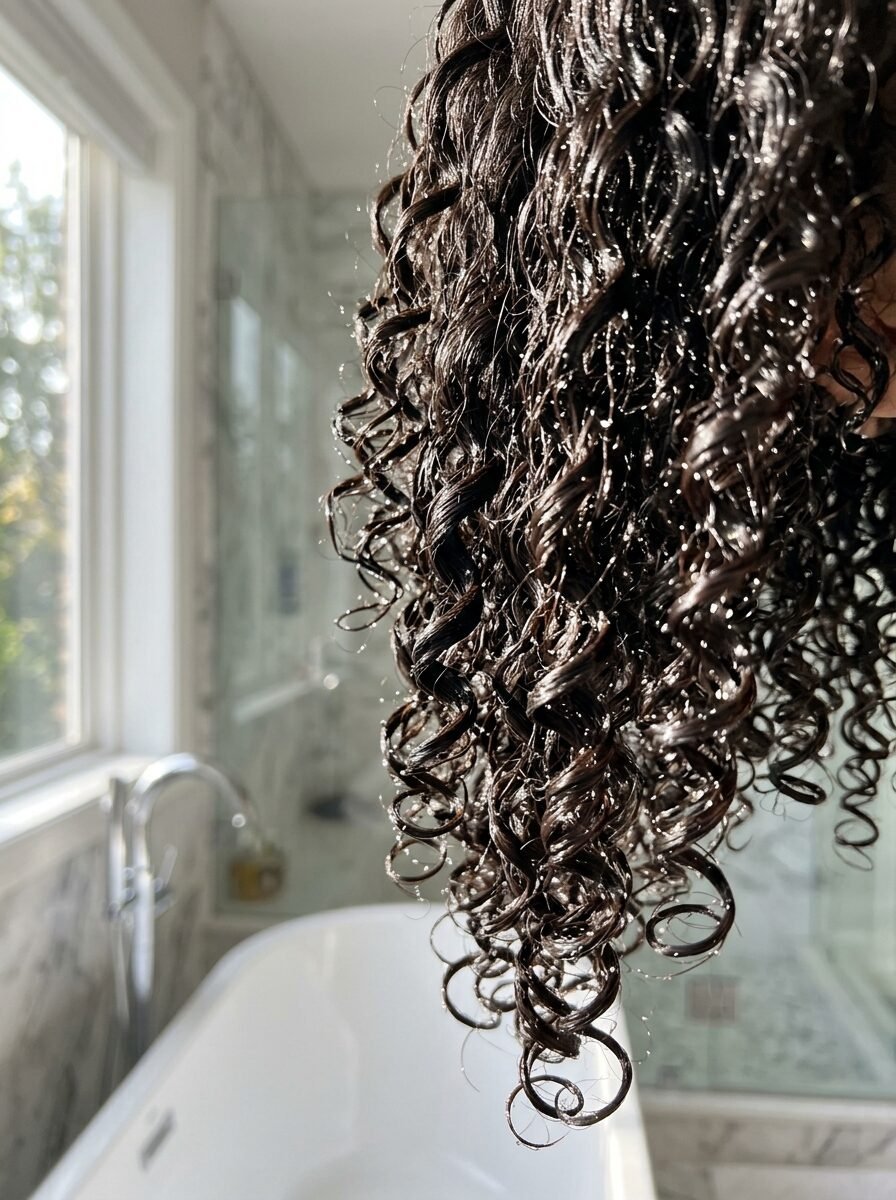 A hand holding a thick cluster of wet, defined dark brown curly hair in a bright bathroom setting.