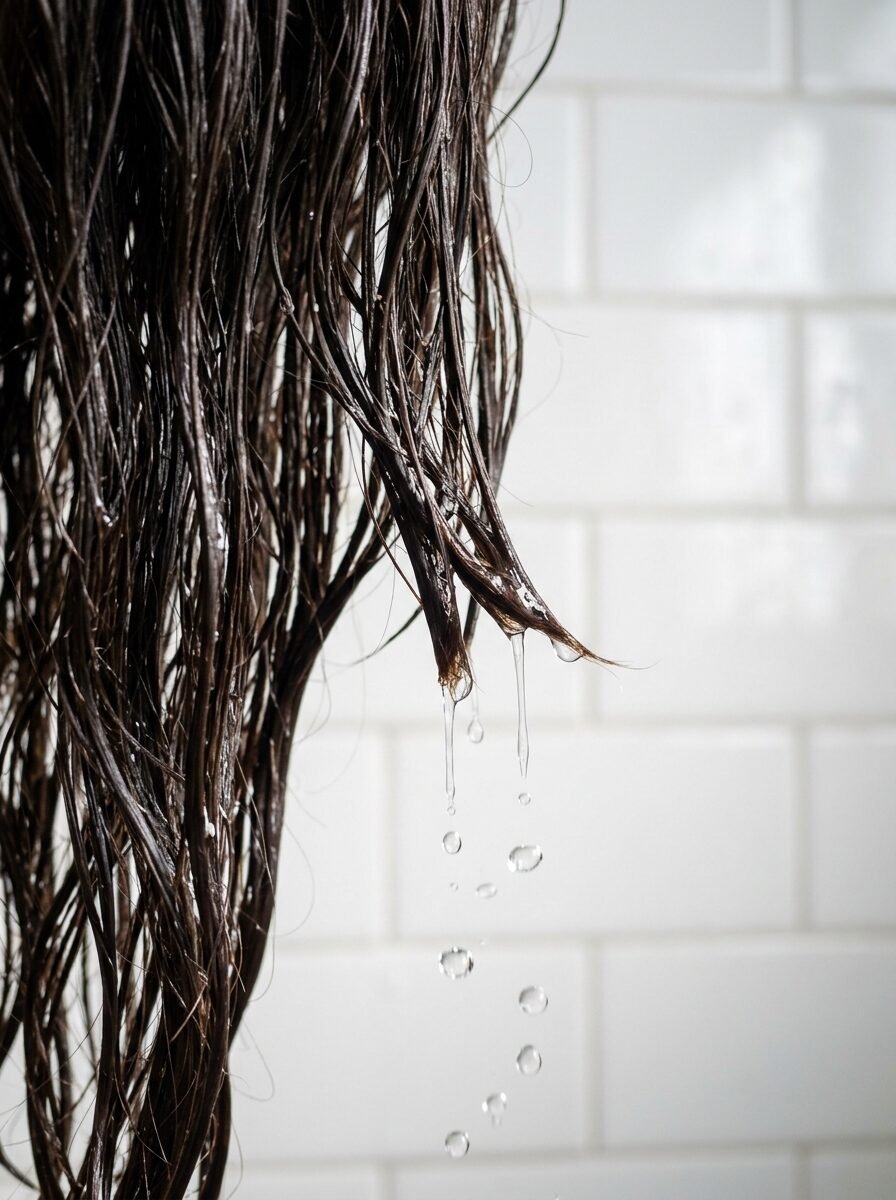 Close up of long dark hair saturated with water dripping down against a white tiled shower wall.