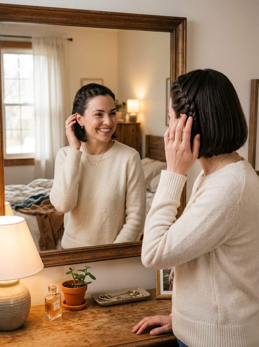 A woman looks at her reflection while adjusting her short dark hair featuring a side braid.