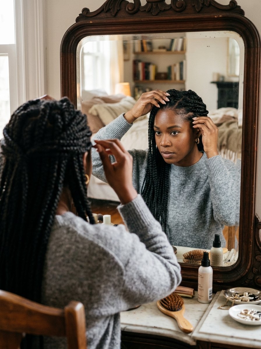 A person with black box braids checking their hair in a vintage wooden vanity mirror.
