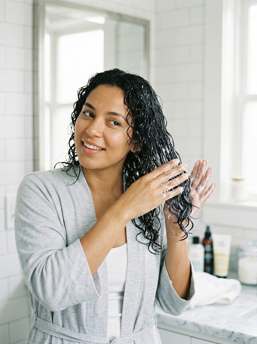 Close up of a woman in a grey robe using hair product on her damp curls inside a bathroom.