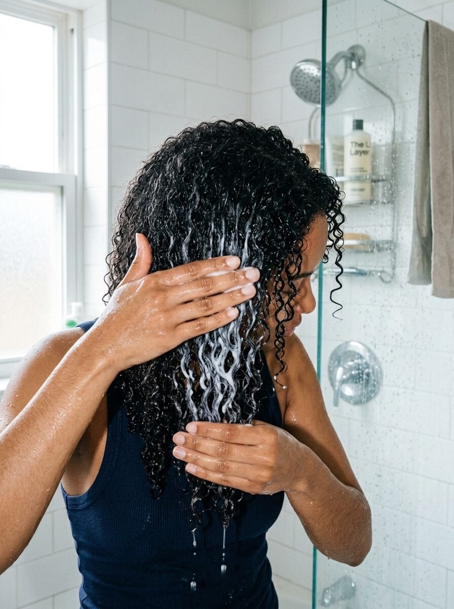 Close up of person using hands to lather white conditioner into dark textured curls in a tiled shower.
